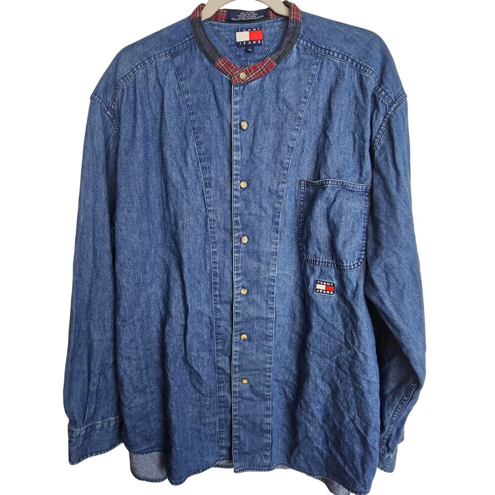 Vintage Y2K Tommy Hilfiger Jeans Mens Denim Shirt Sz L Plaid Band Collar Hip Hop